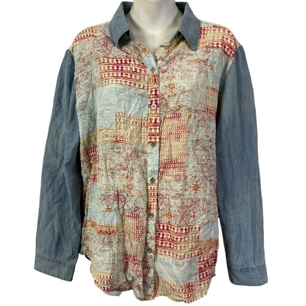 Chicos Womens Chambray Button Up Mixed Media Crochet Lace Shirt Top Blouse 2 / L